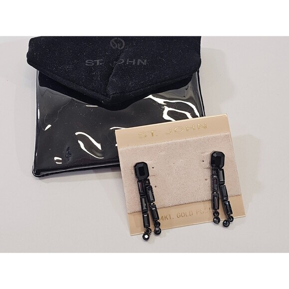 NEW NWT St. John Swarovski Crystal Gold Plated Black Drop Dangle Earrings Gift - Picture 7 of 7